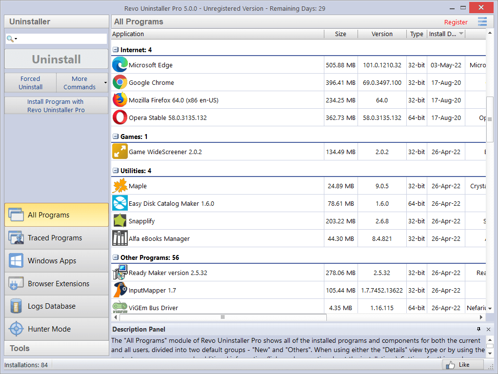 Revo Uninstaller Pro: All Programs details with size, version, and publisher