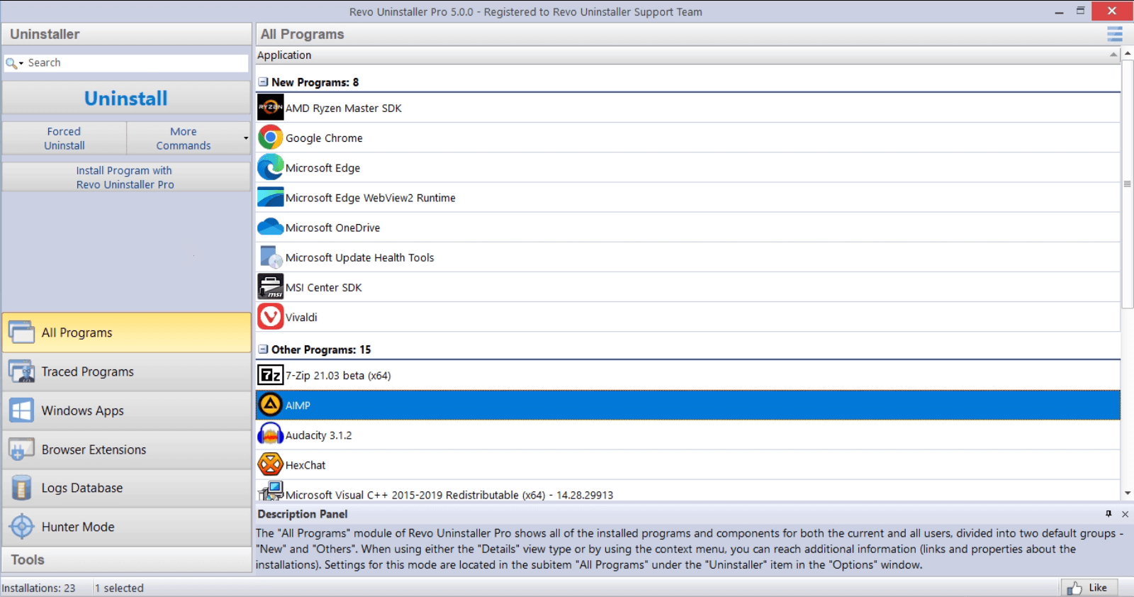 Revo Uninstaller Pro: All Programs main window
